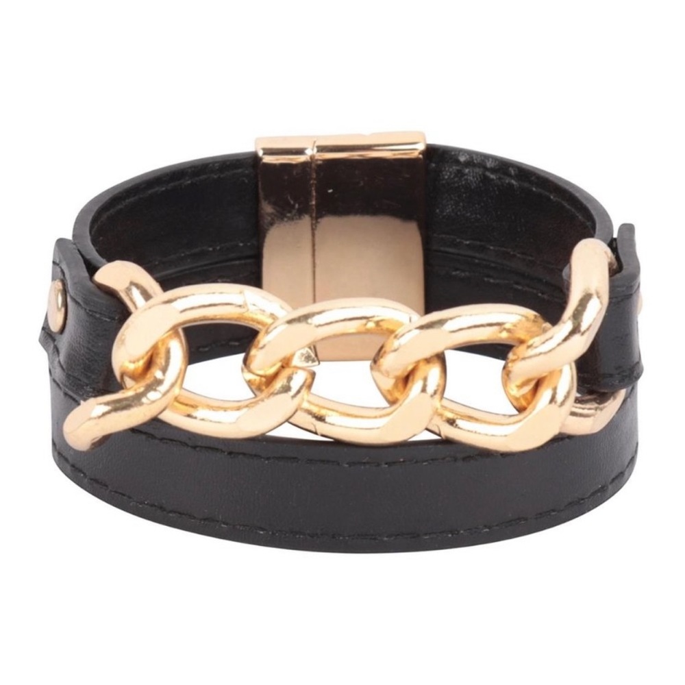 Black Vegan Leather Chain Wrap Bracelet